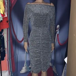 New Silver Metallic Dress small women off shoulder